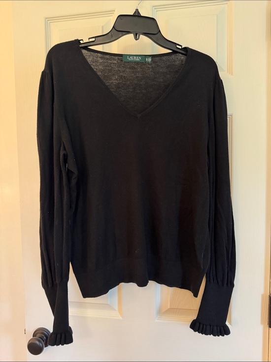 Lauren Ralph Lauren Sweaters - Lauren Ralph Lauren Black V-Neck Ruffle Cuff Sweater